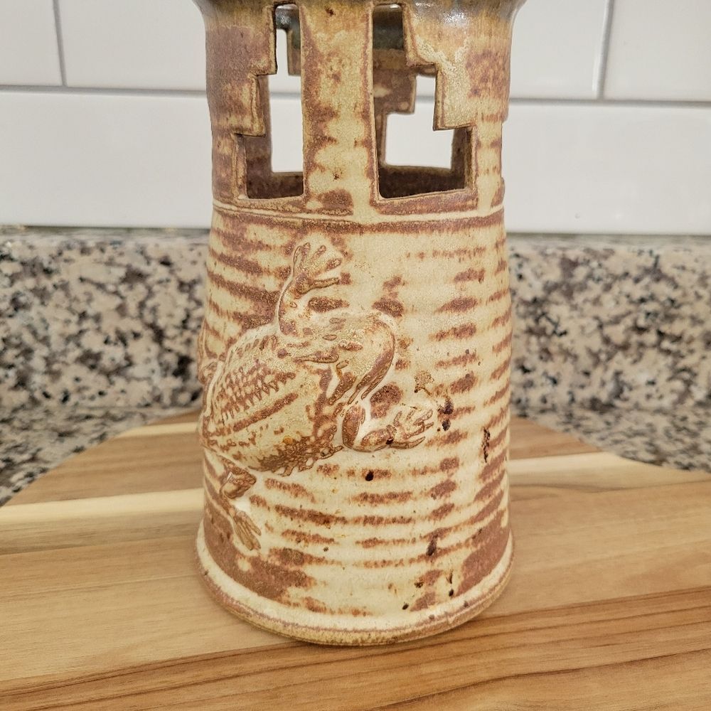 Studio Pottery Vase, 3D Relief Frog On Tower, Southwest Theme